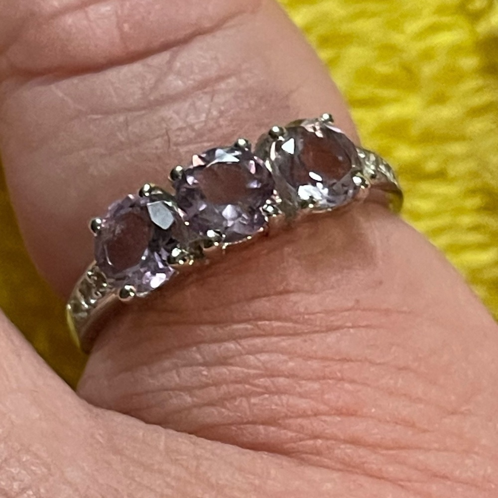 Amethyst Topaz Ring Three-Stone Round Cut Rhodium Sterling Silver Purple W 7 NWT - Picture 8 of 17